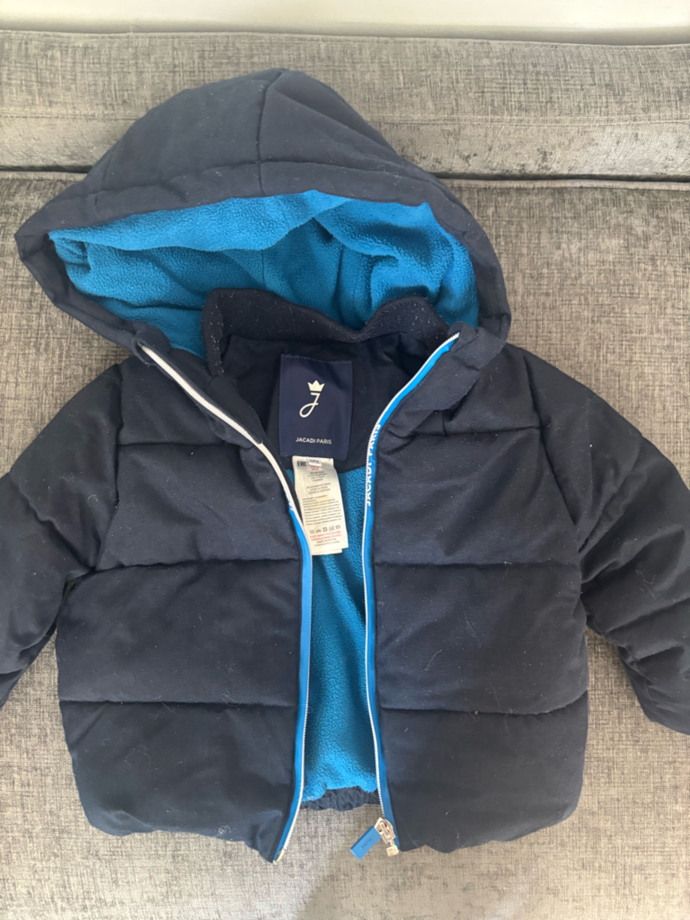 *Like New* Jacadi Navy Puffer Jacket With Bright Blue Lining And Hood